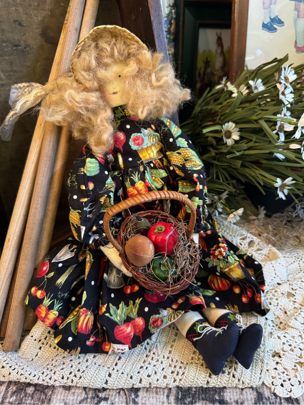 Vintage Black Floral Folk Art Harvest Doll with Basket